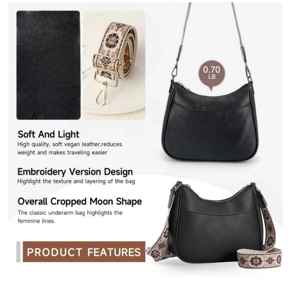 Black PU leather sling bag, medium size with zipper closure for women's fashion accessory
