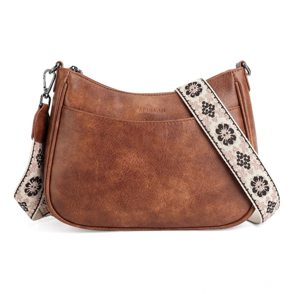 Brown PU leather zipper sling bag, medium size for women's casual accessories