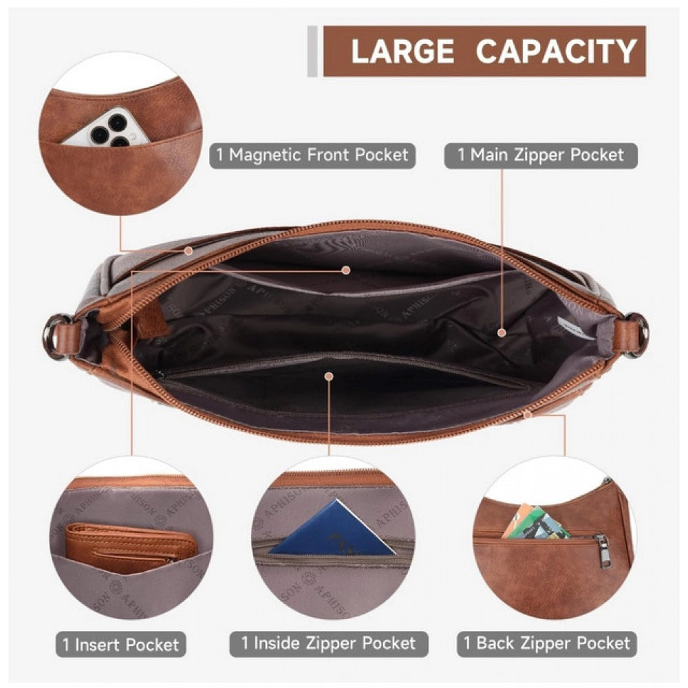 Brown PU leather zipper sling bag for women, medium size accessory