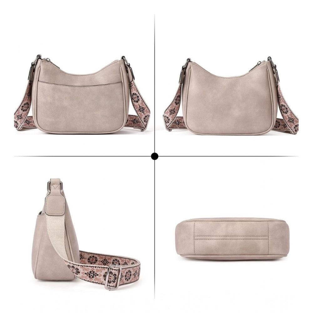 Beige PU leather zipper sling bag, medium size for women's casual fashion accessories