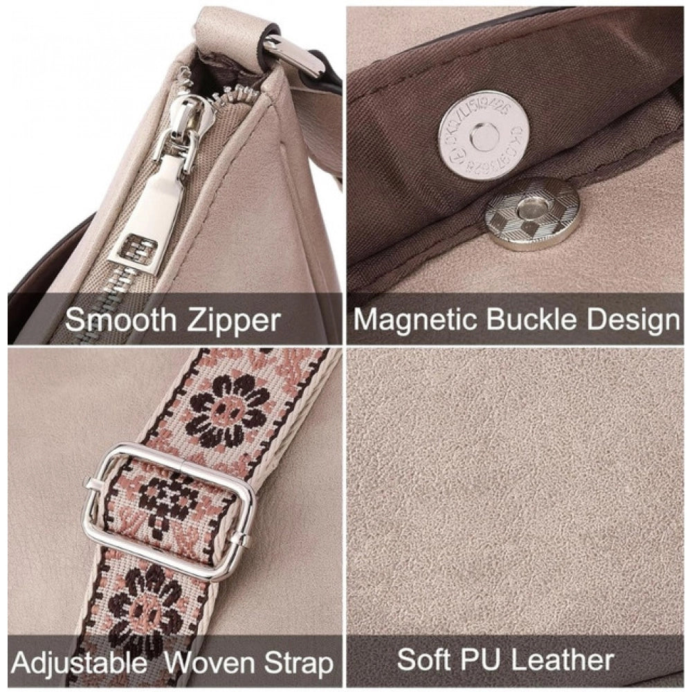 Beige PU leather sling bag, medium size with zipper closure for women's fashion accessories