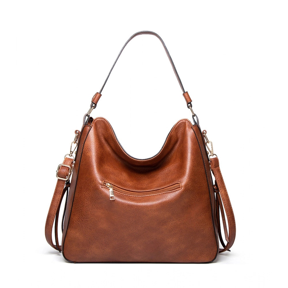 Brown PU leather zipper handbag, medium size for women's fashion accessories