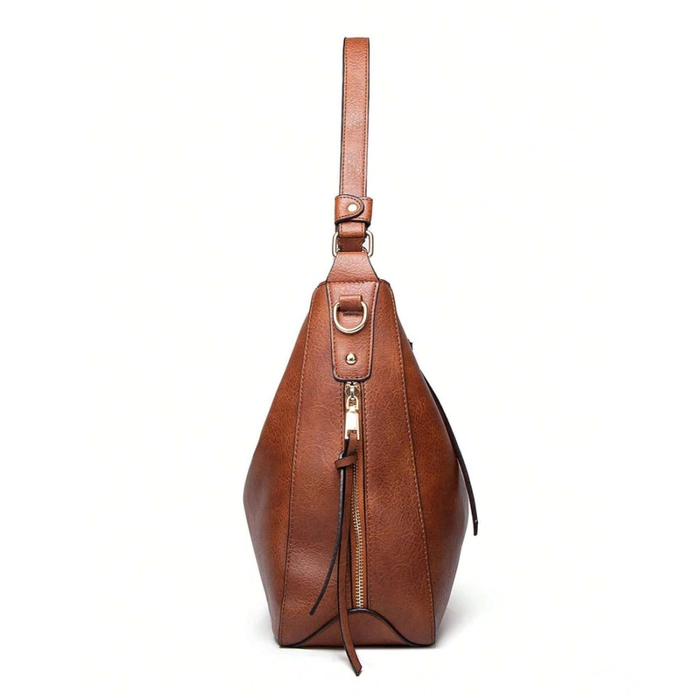 Brown PU leather zipper handbag, medium size for women's fashion accessory