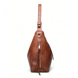 Brown PU leather zipper handbag, medium size for women's fashion accessory