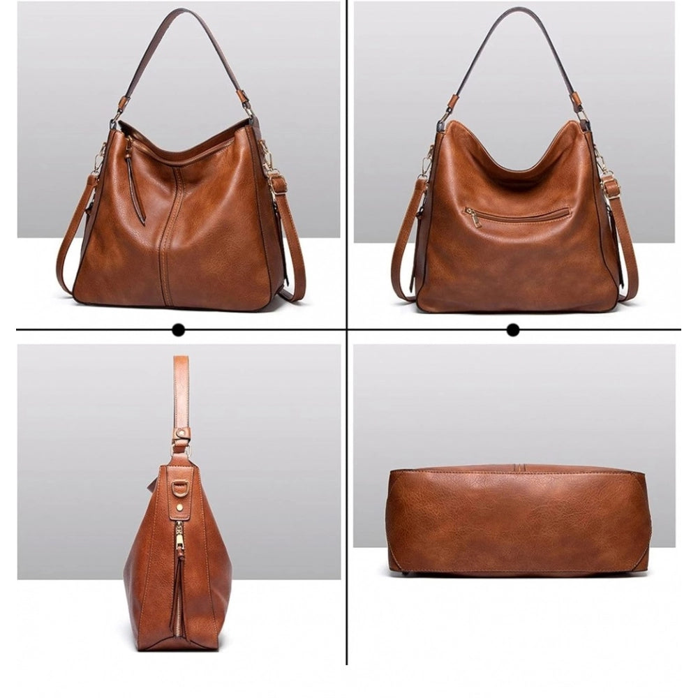 Brown PU leather zipper handbag - medium size, versatile accessory for women
