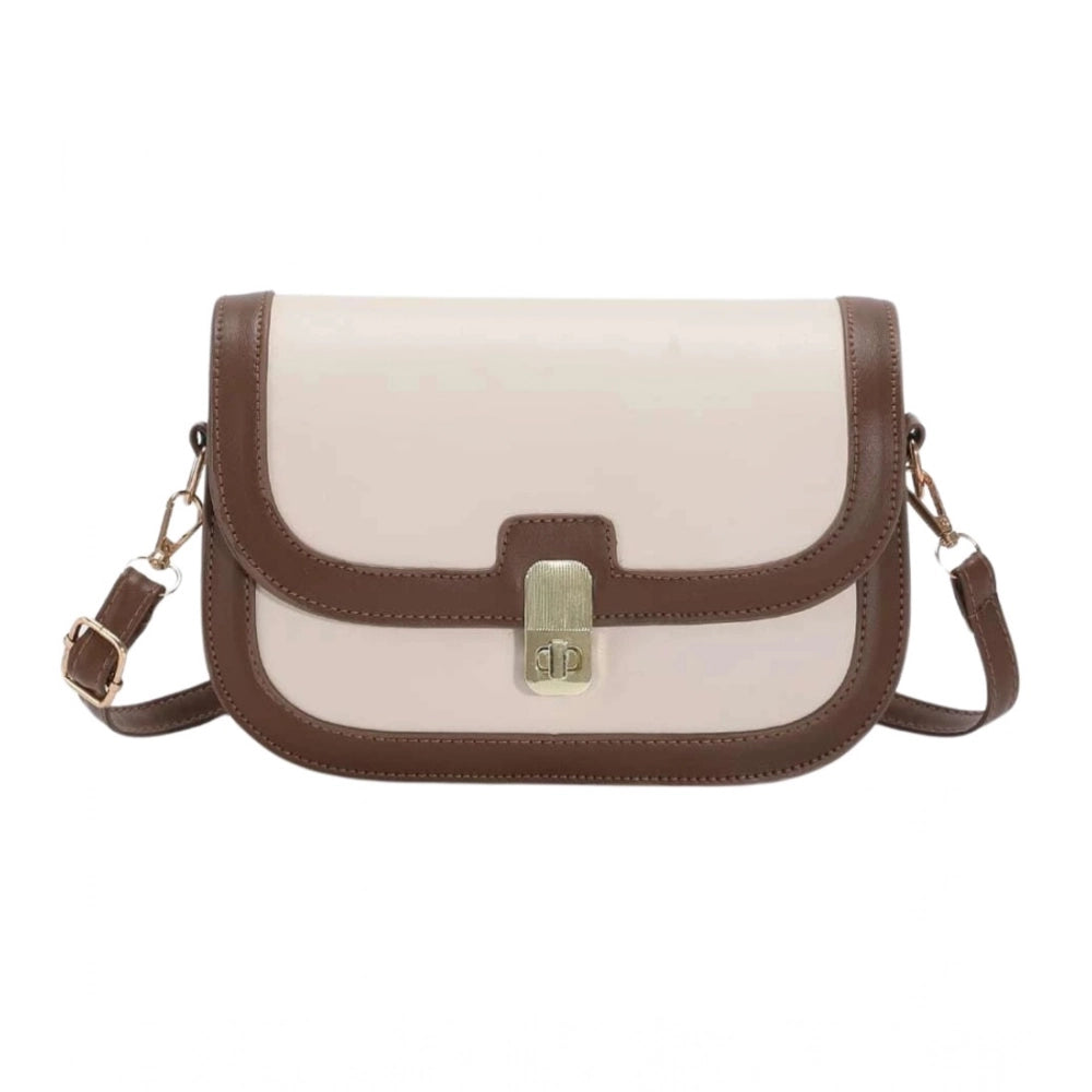 Beige PU leather zipper sling bag for women, medium size with closure type: zipper
