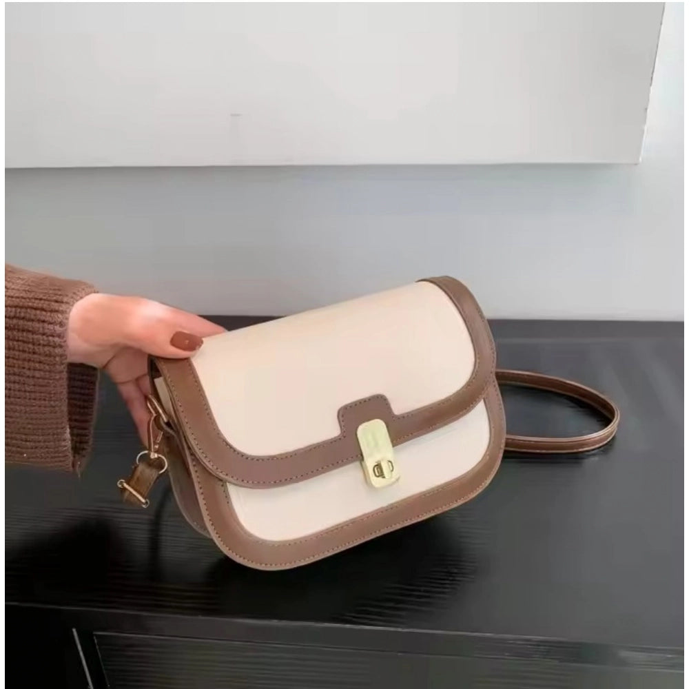 Beige PU leather sling bag with zipper closure for women, medium size