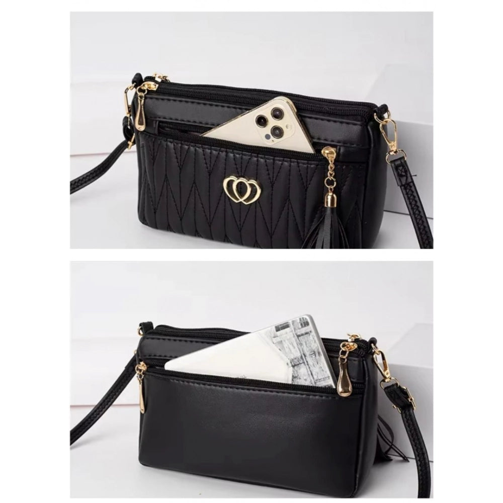 Black PU leather sling bag, medium size with zipper closure for women's fashion accessories