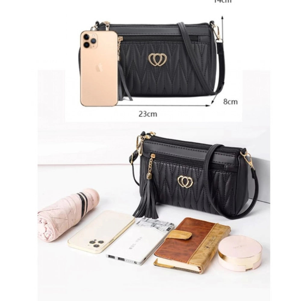 Black PU leather zipper sling bag, medium size for women's fashion accessories