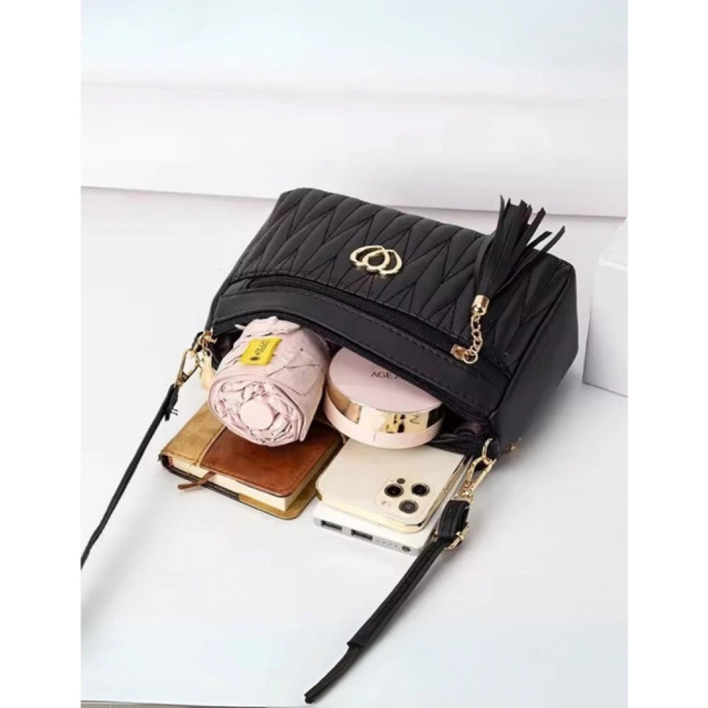 Black PU leather sling bag, medium size with zipper closure for women's fashion accessory