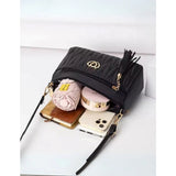 Black PU leather sling bag, medium size with zipper closure for women's fashion accessory