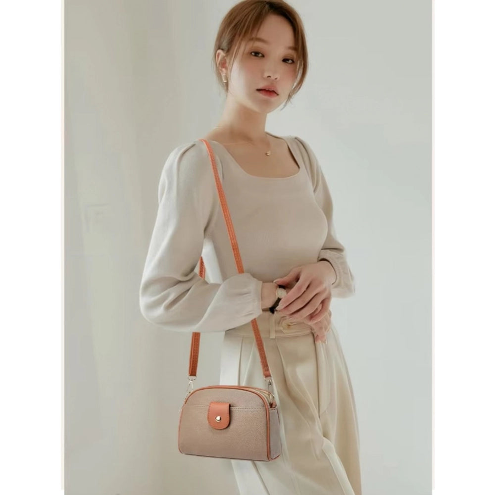 Khaki PU leather medium sling bag with zipper closure, women's fashion accessory