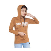 Brown cotton printed boy's hoodie with full sleeves, vibrant design on display