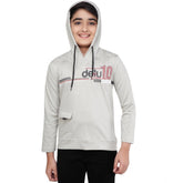 Grey cotton printed boy's hoodie with full sleeves and hooded neck, featuring a vibrant design for casual wear