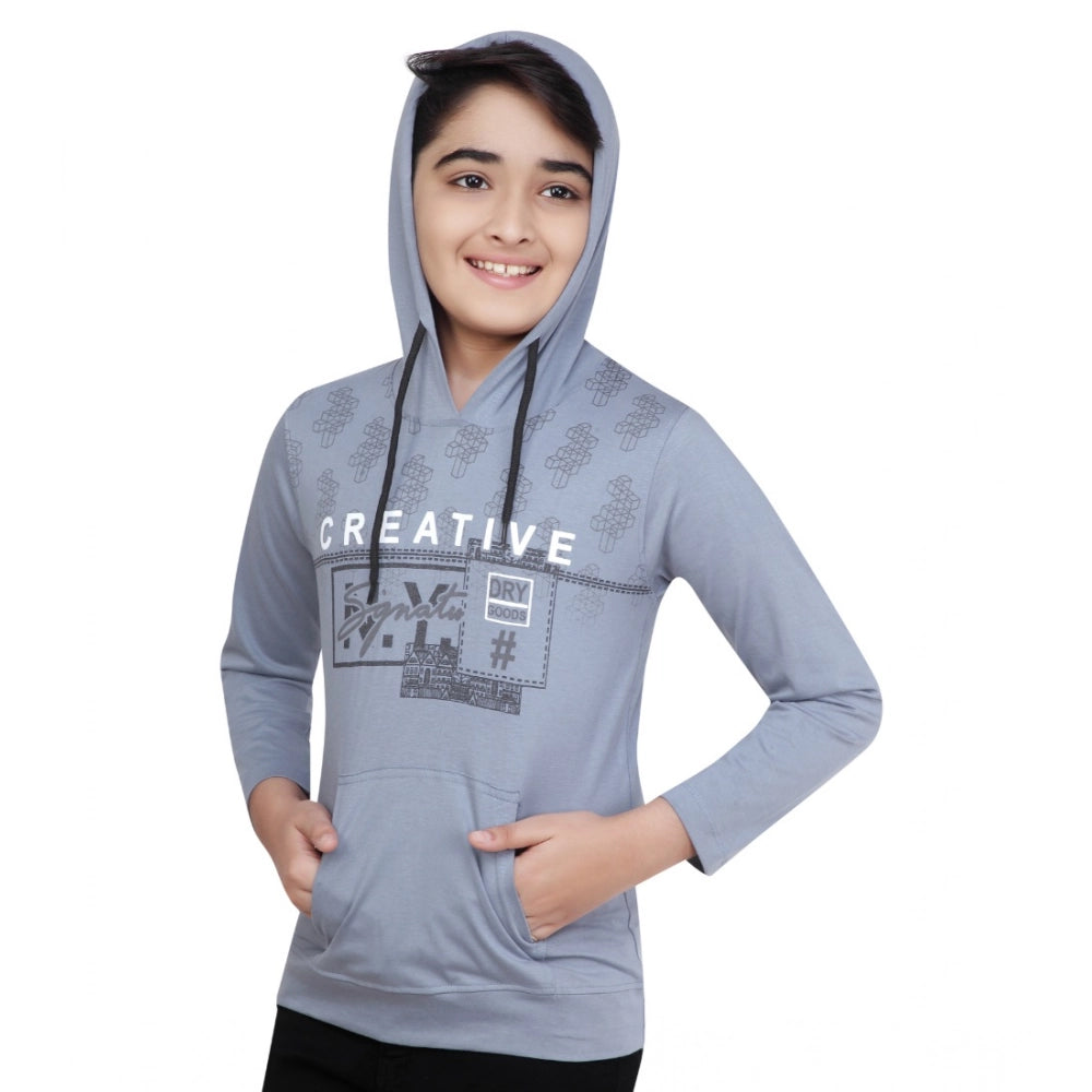 Steel Blue cotton printed hoodie for boys, full sleeve design with hooded neck
