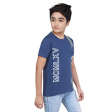 Blue cotton graphic printed round neck t-shirt for boys, featuring vibrant graphics on short sleeves