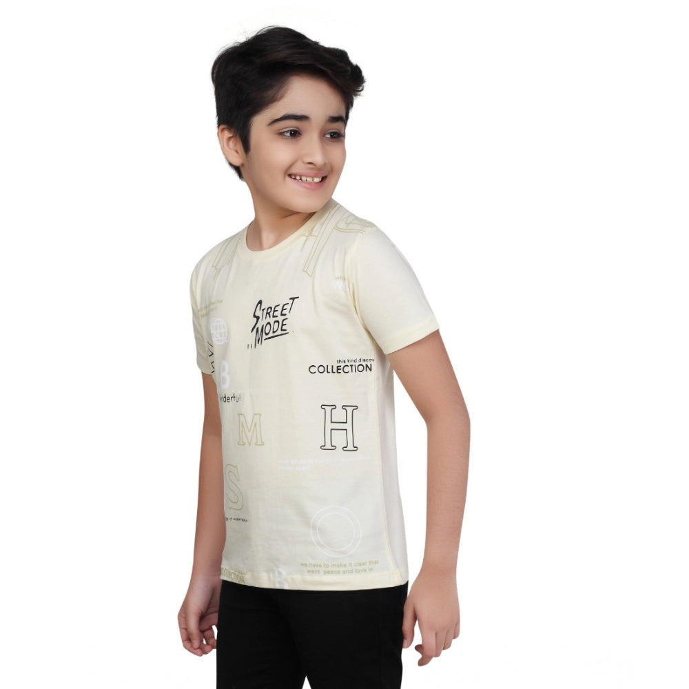 Beige cotton graphic printed round neck t-shirt for boys, featuring a vibrant design on short sleeves