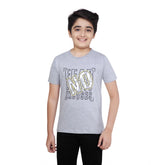 Grey melange cotton graphic print boy's round neck t-shirt, vibrant design on short sleeves