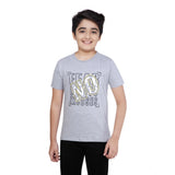 Grey melange cotton graphic print boy's round neck t-shirt, vibrant design on short sleeves