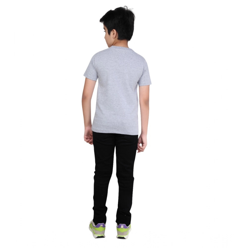 Grey melange cotton graphic print boy's round neck t-shirt, vibrant graphics on short sleeves