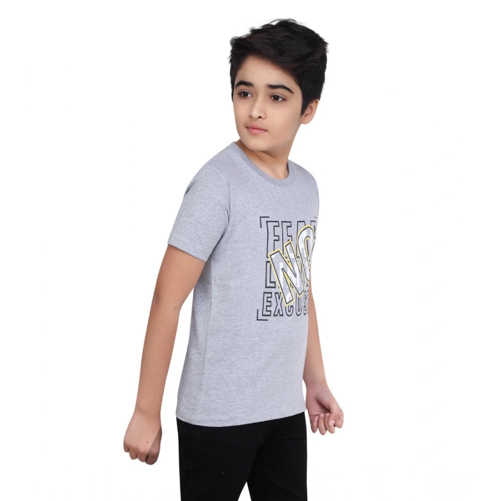 Grey melange cotton boy's graphic printed round neck t-shirt, short sleeves