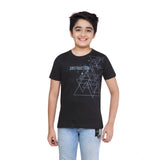 Black cotton graphic print boy's round neck t-shirt with short sleeves, vibrant design detail