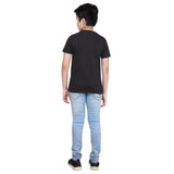 Black cotton graphic print round neck t-shirt for boys with short sleeves, vibrant design details