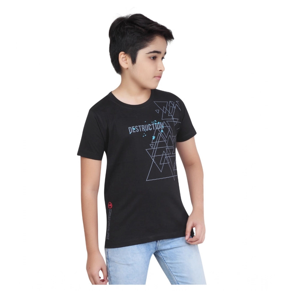 Black cotton graphic printed boy's round neck t-shirt with short sleeves, vivid design detail