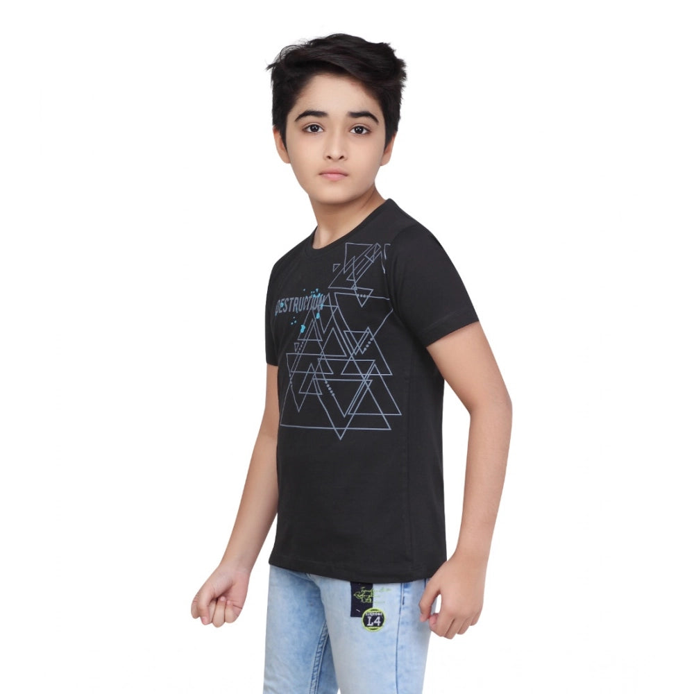 Black cotton graphic print round neck t-shirt for boys, featuring vibrant graphics on short sleeves