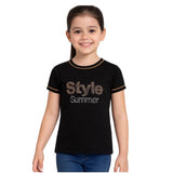 Black cotton printed round neck girl's t-shirt with short sleeves, vibrant design detailing on apparel