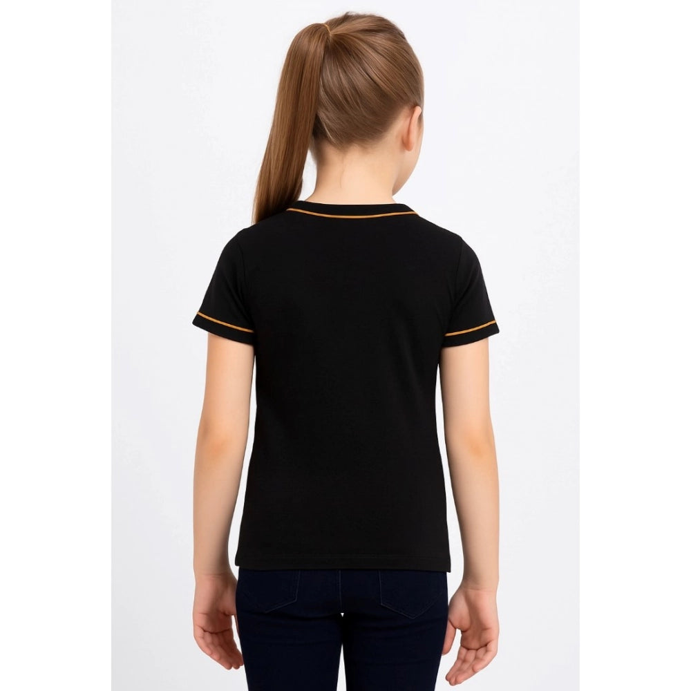 Black cotton printed round neck girl's t-shirt with short sleeves, vibrant design on front