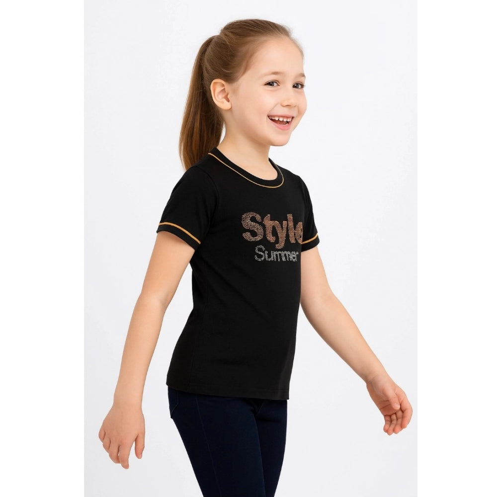 Black cotton printed girl's round neck t-shirt with short sleeves
