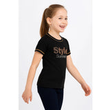 Black cotton printed girl's round neck t-shirt with short sleeves