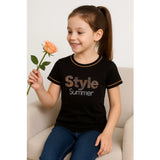 Black cotton girl's printed round neck t-shirt, short sleeves on model
