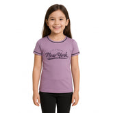 Lavender cotton printed round neck t-shirt for girls on hanger