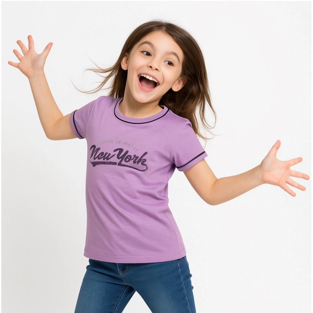 Lavender cotton printed round neck t-shirt for girls, suitable for casual wear