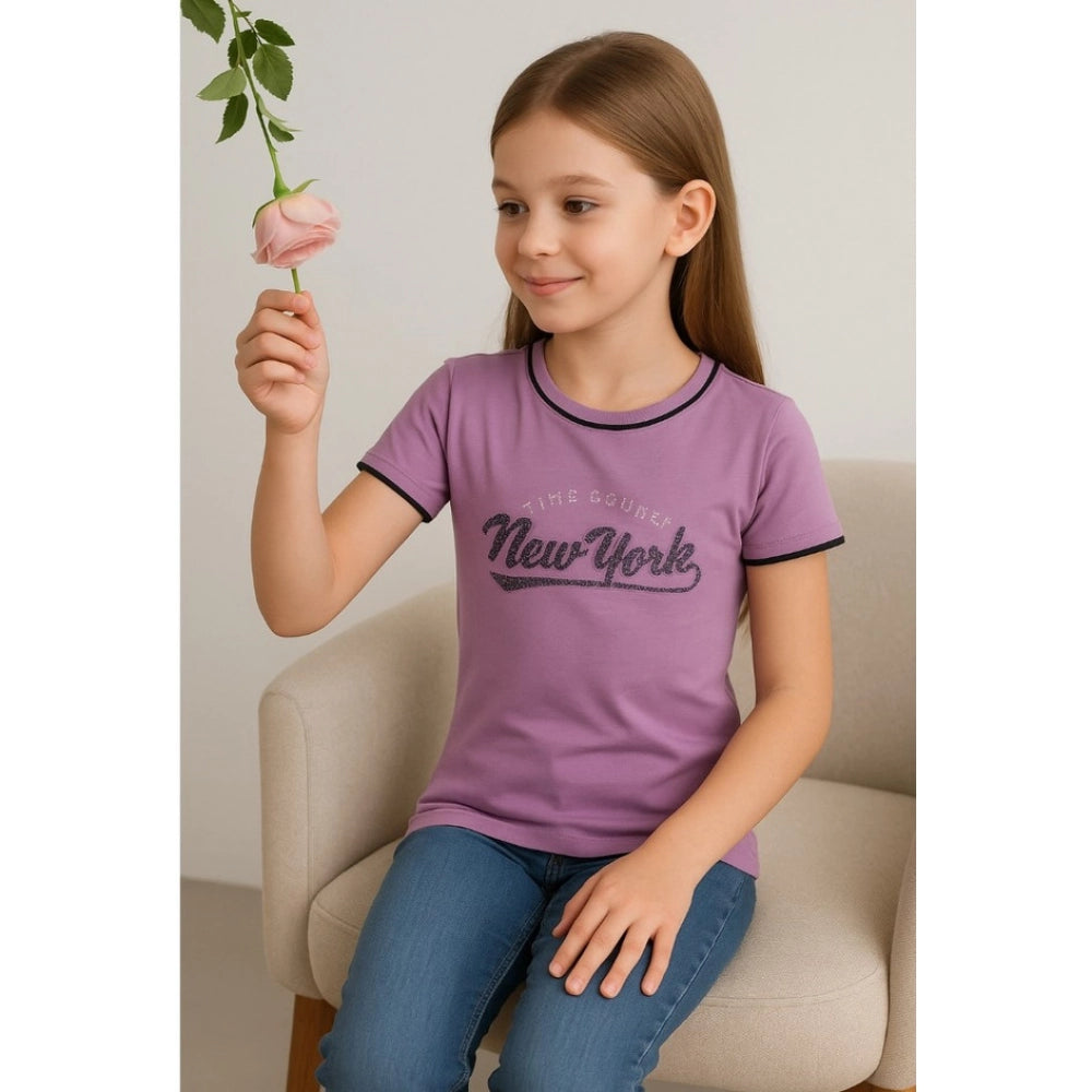 Lavender cotton printed round neck t-shirt for girls, ideal casual wear