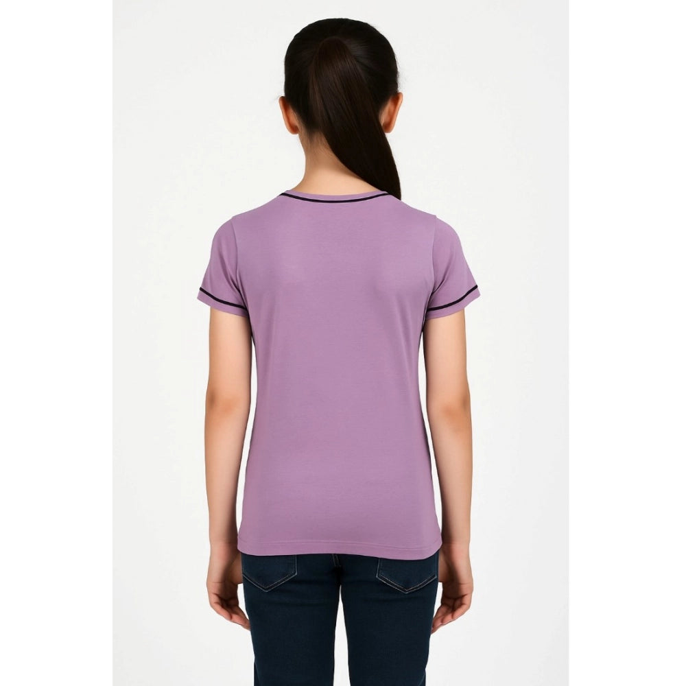 Lavender cotton printed round neck t-shirt for girls, short sleeve casual wear