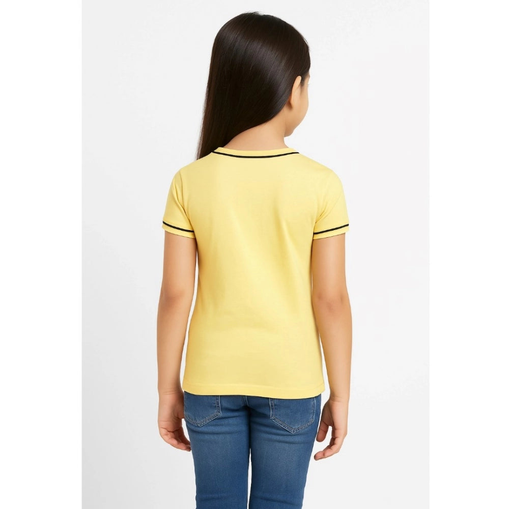 Yellow cotton printed round neck t-shirt for girls, comfortable casual wear
