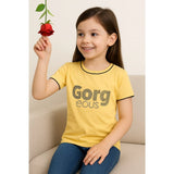 Yellow cotton printed round neck girl's t-shirt with short sleeves, ideal for casual wear