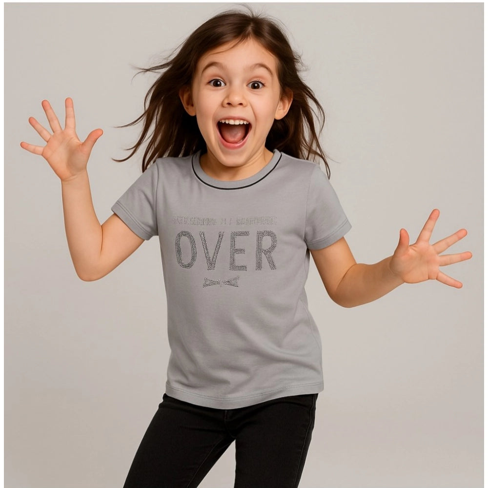 Grey cotton printed round neck t-shirt for girls, casual wear for kids fashion