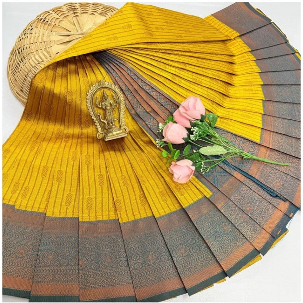 Golden yellow soft silk printed saree with unstitched blouse, 3D embossed pattern on display