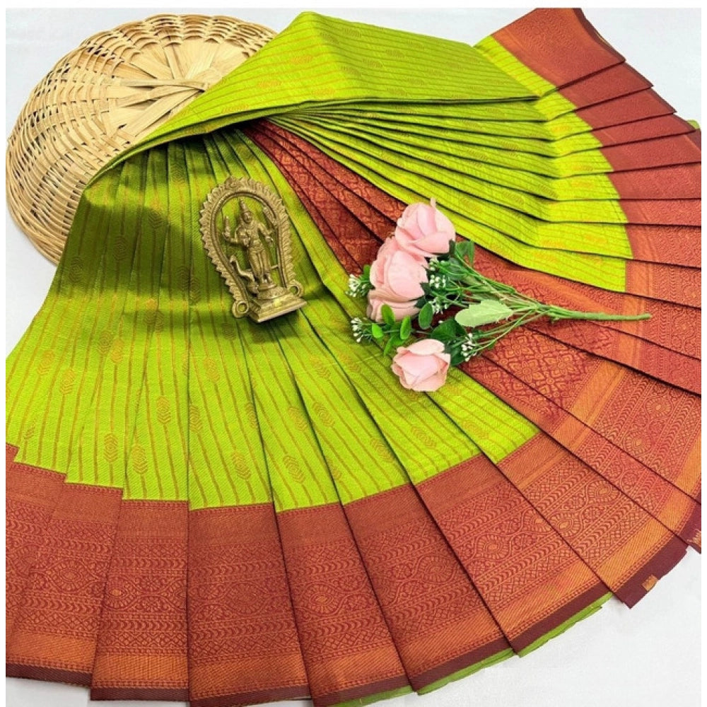 Green soft silk saree with unstitched blouse (3D embossed), ideal for traditional events