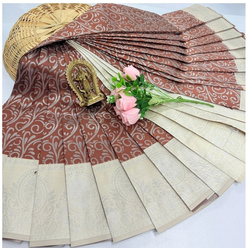 Brown soft silk printed saree with unstitched blouse, 3D embossed design on display