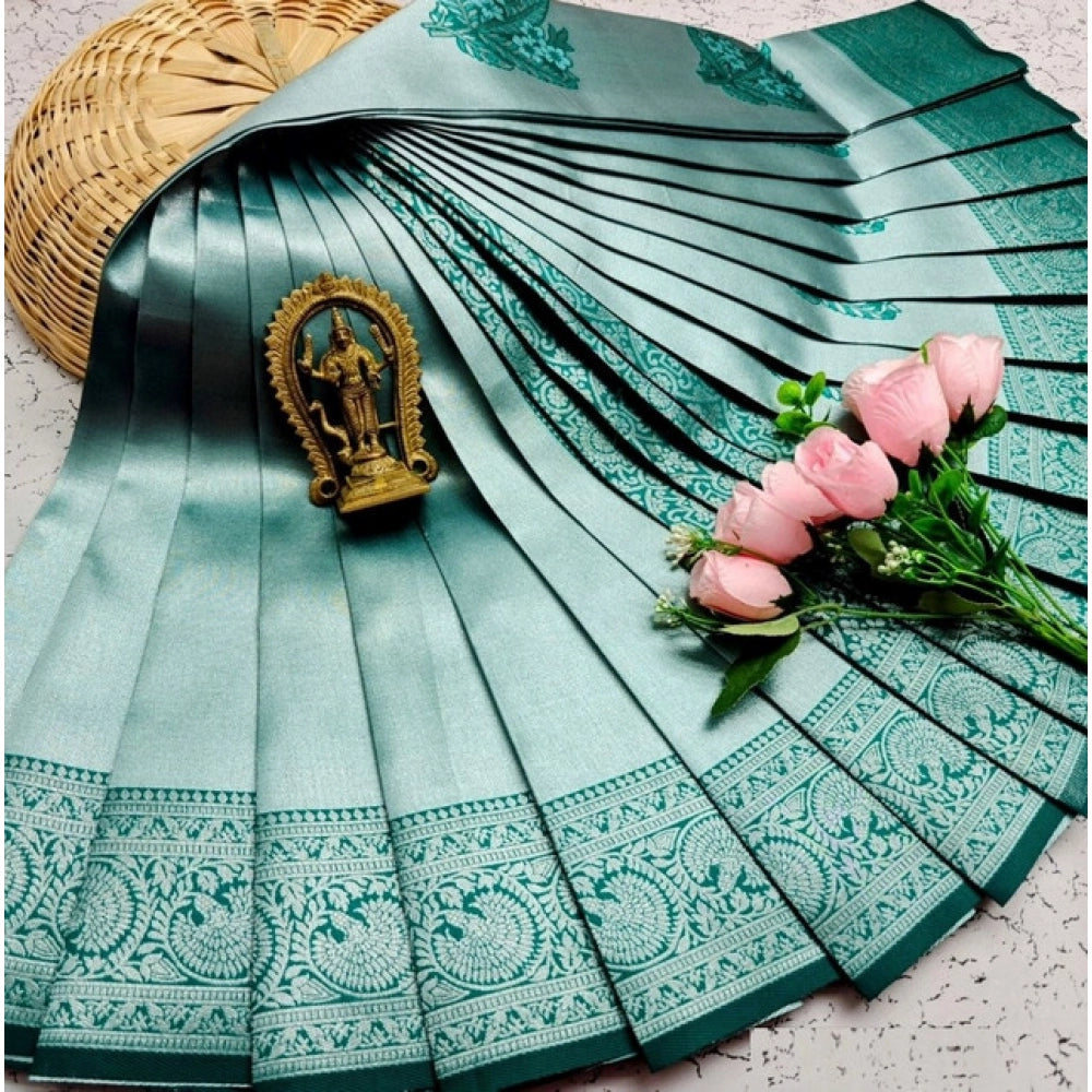 Green soft silk printed saree with unstitched blouse (3D embroidered), ideal for traditional wear