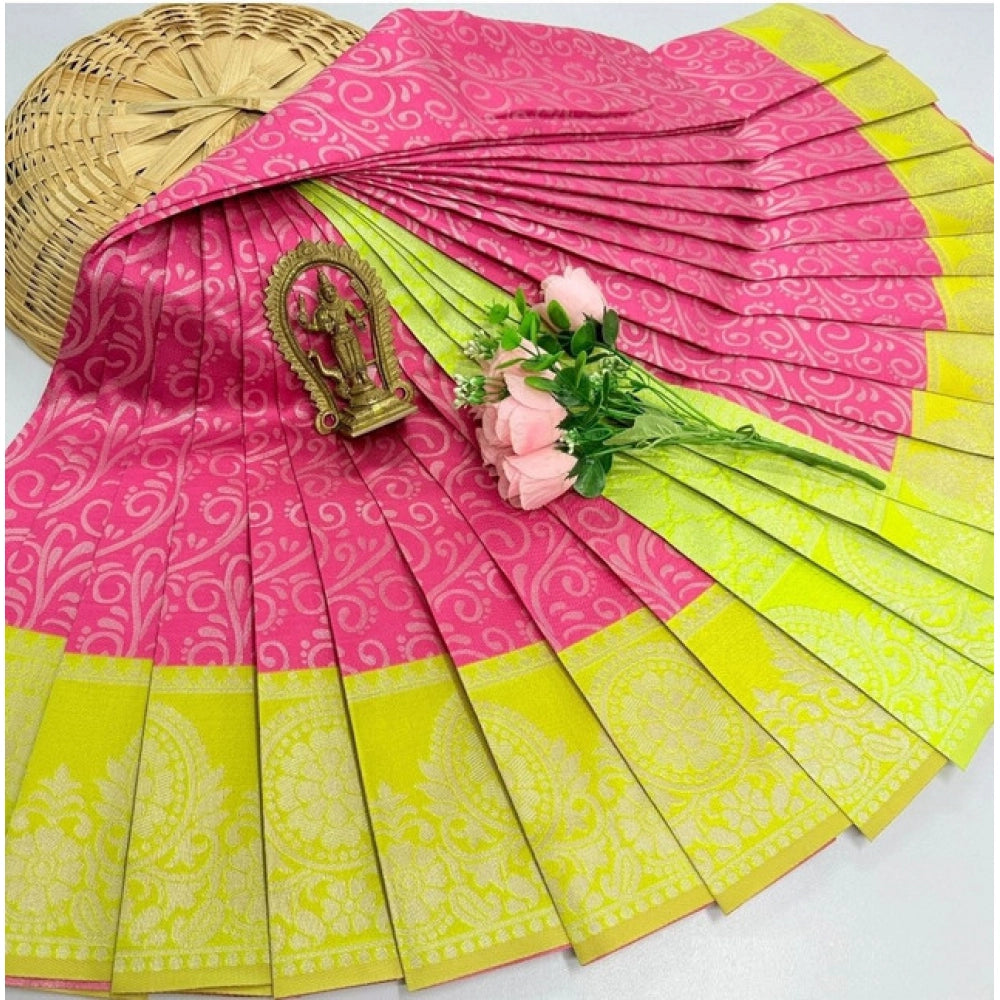 Soft pink silk saree with unstitched blouse (3D embossed pattern), 5.5mtr length