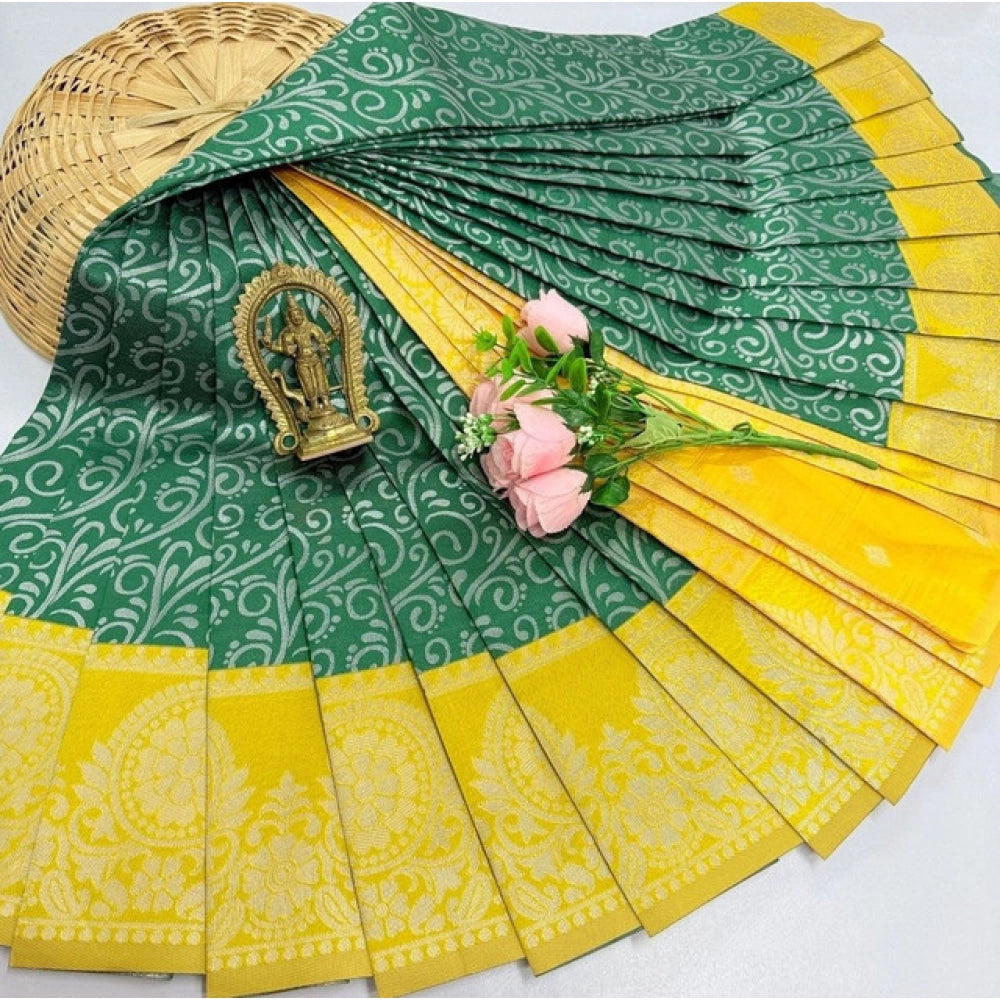 Olive green 3D embossed soft silk saree with unstitched blouse, 5.5mtr length