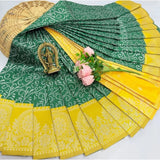 Olive green 3D embossed soft silk saree with unstitched blouse, 5.5mtr length