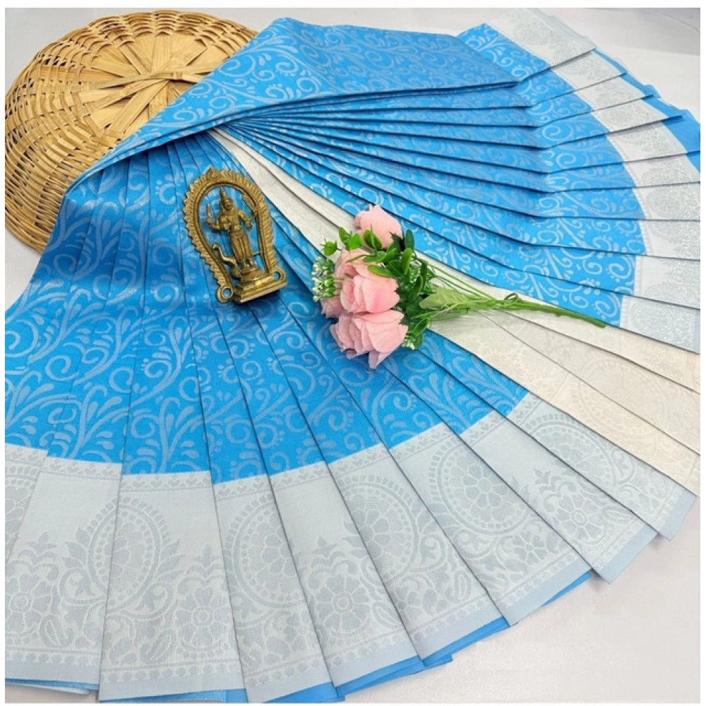 Soft sky blue silk saree with unstitched blouse, intricate 3D embroidery design on display