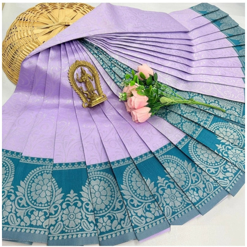 Soft silk printed lavender saree with unstitched blouse (3D embossed, 110 thread count), women's fashion accessory on mannequin